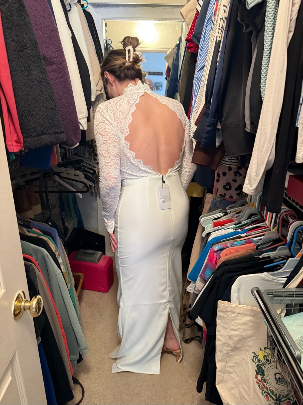 Club L London White Lace high neck maxi dress Backless Long Sleeve Gown